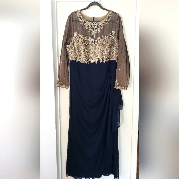 Xscape | Dresses | Xscape Navy And Gold Ruched Long Sleeve Gown | Poshmark